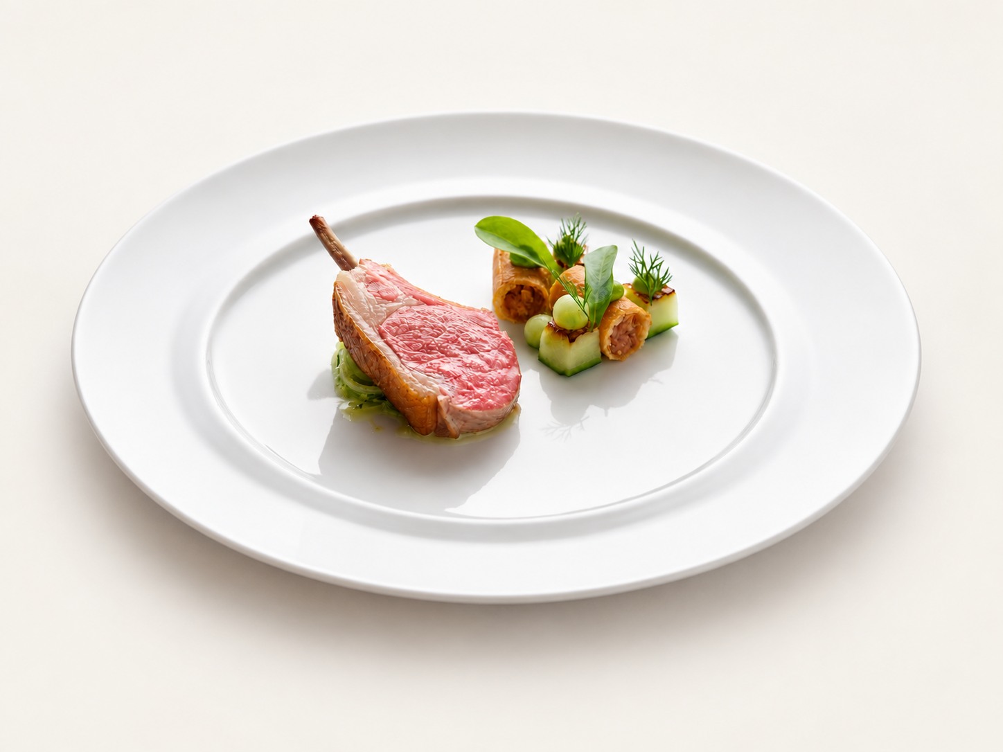 Carne rosata con verdure ed erbe, servita su un ampio piatto bianco
