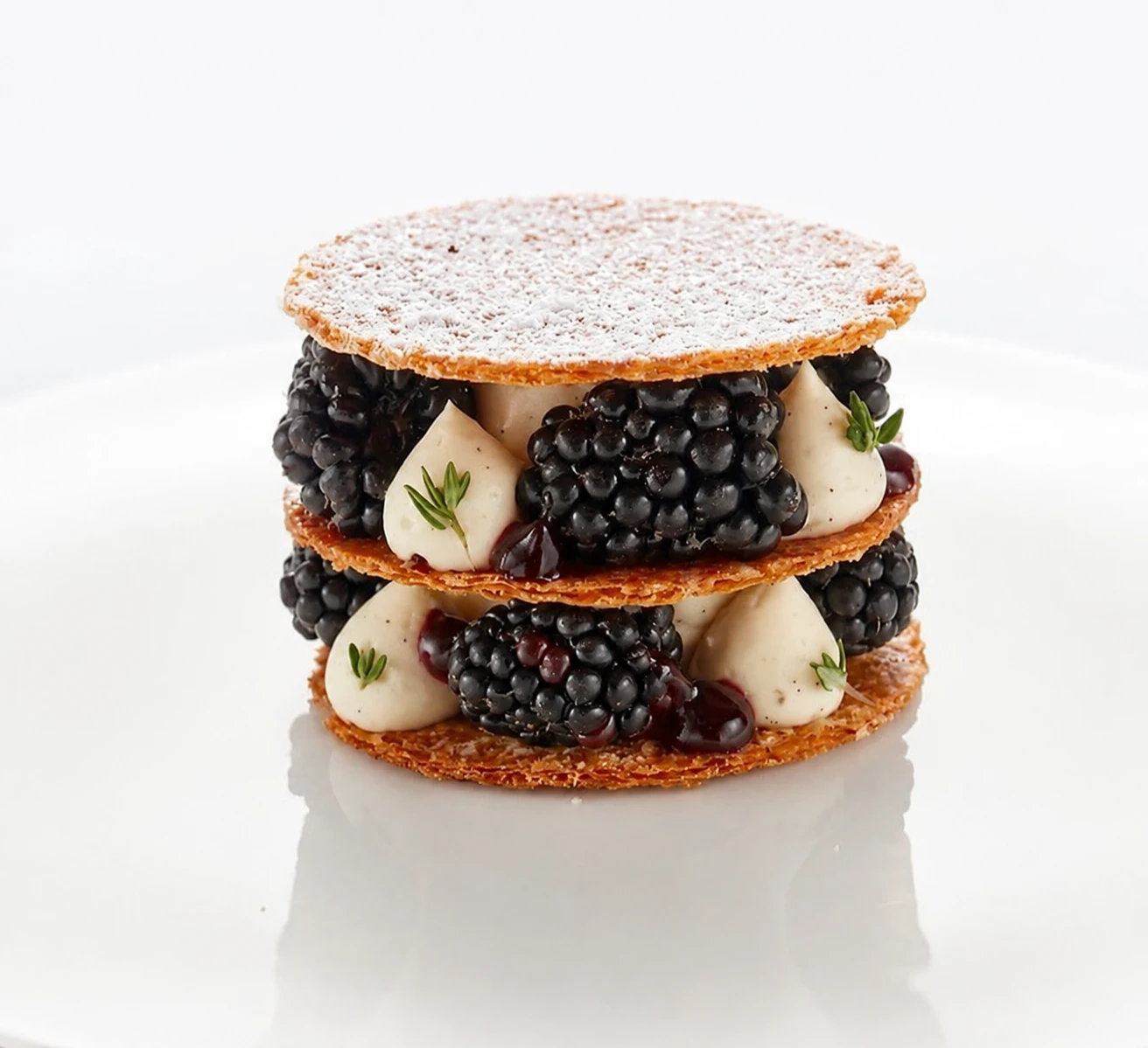 Dessert a strati di cialde sottili, crema e more su un piatto bianco