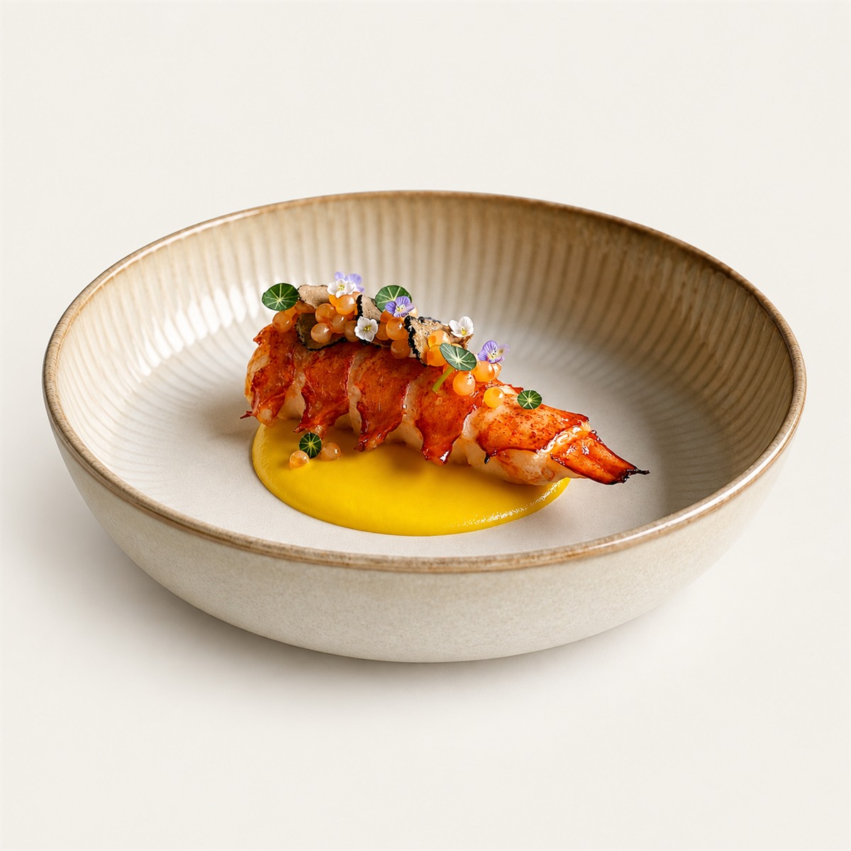 Primo piano di un crostaceo su crema dorata, con erbe e piccoli fiori