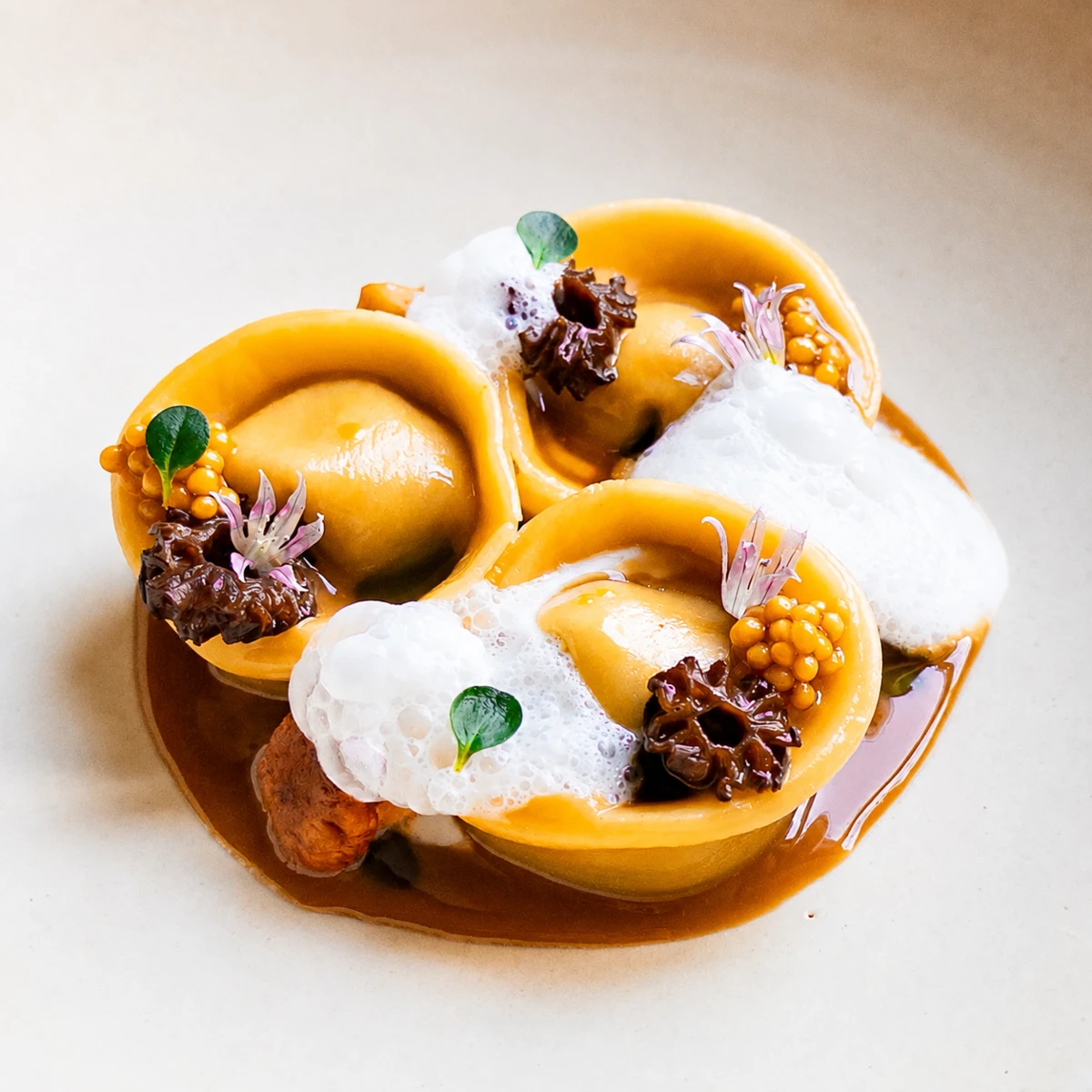 Goldgelbe gefüllte Pasta mit Pilzen, Schaum und frischen Kräutern